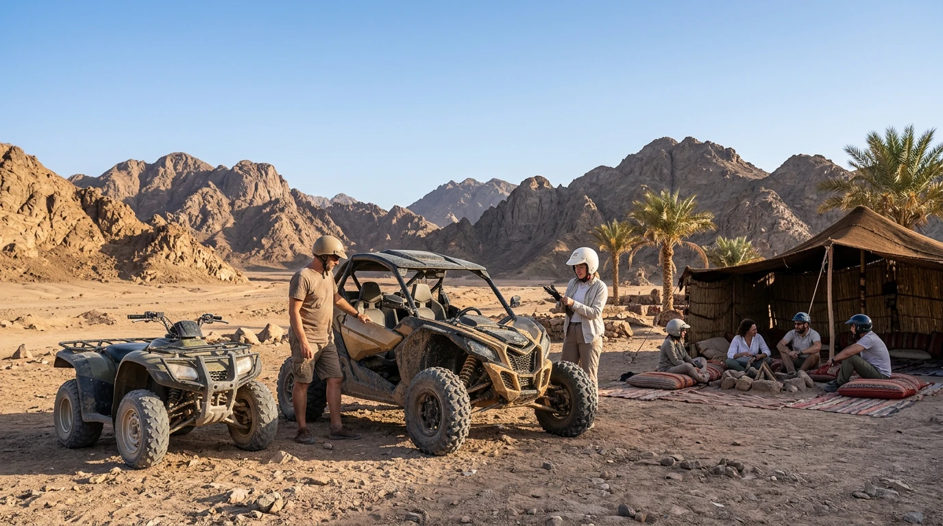Beach buggy and dune car safari with Bedouin sitting area in the Sinai desert